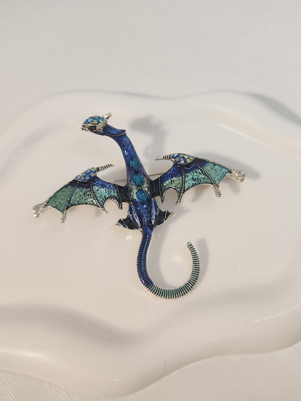 Blue-Green Enamel Silver-tone Dragon Necklace Pendant Brooch